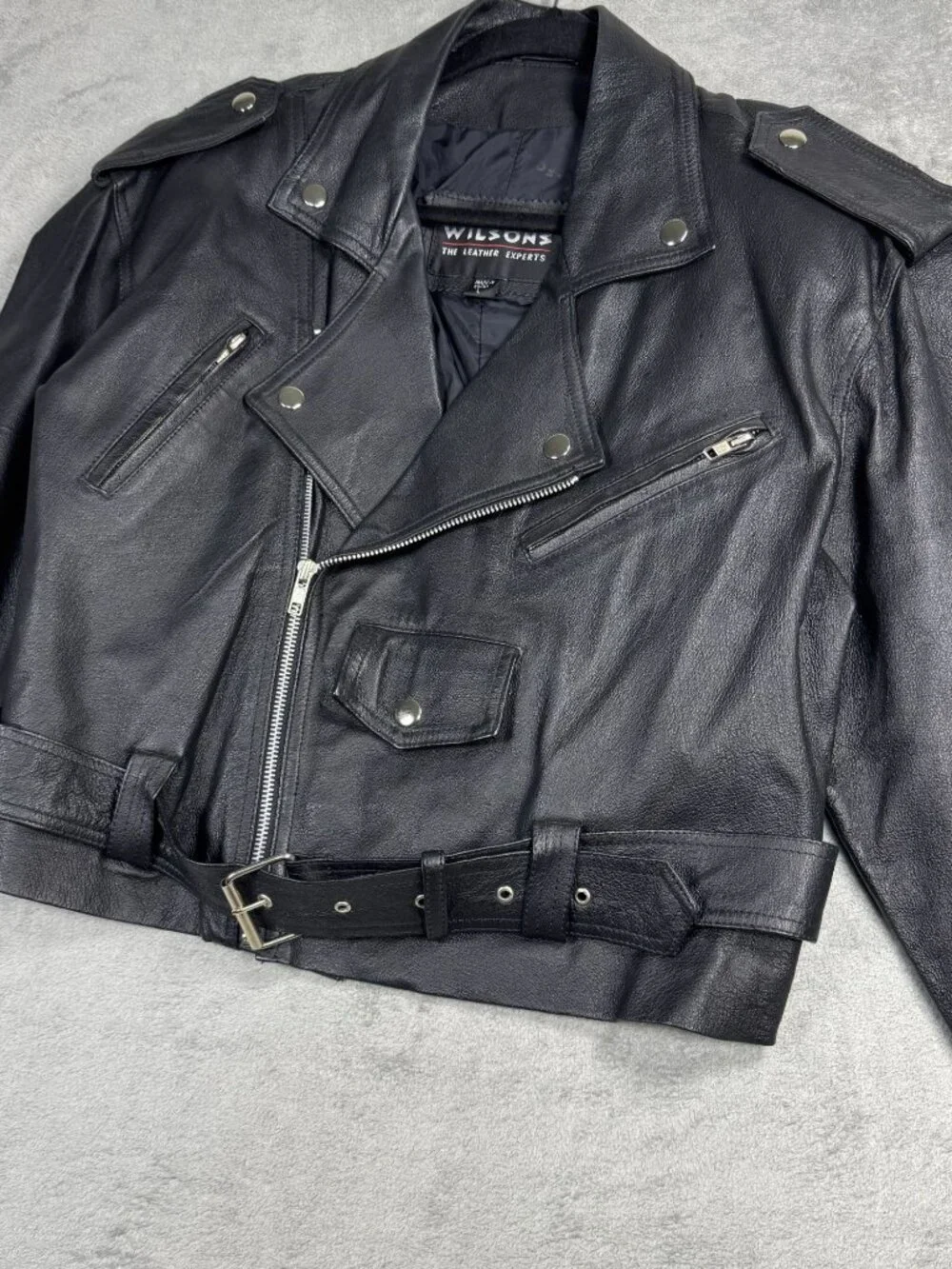 Vtg Wilsons Cropped Leather Jacket Womens L 90s Moto Bikercore Motorcycle Belted